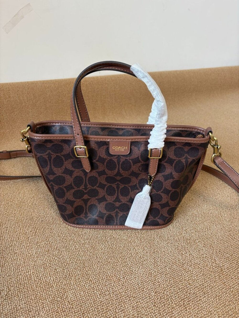 🤎Coach Brown Signature Mini Bucket Tote Adjustable Handle Crossbody Purse